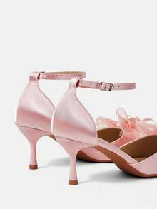 CUCCOO HITCHD 四季新款蕾丝蝴蝶结尖头高跟鞋优雅气质时尚浑力吉缎面女式高跟鞋踝带鞋优雅气质时尚婚礼情人节茶歇优雅穿搭情人节 - 淺粉色絲 - 查看 4