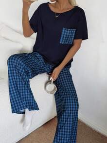 Dream Adore Bộ đồ ngủ tay ngắn in họa tiết kẻ caro thường ngày dành cho nữ - Màu xanh hải quân - Xem 4