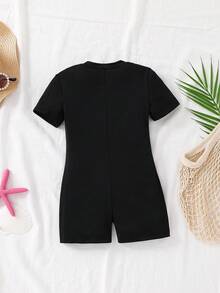 SHEIN Young Girl Solid Color Knit Mock Neck Half-Zip Fitted Casual Jumpsuit Activewear,Kids - Black - View 7
