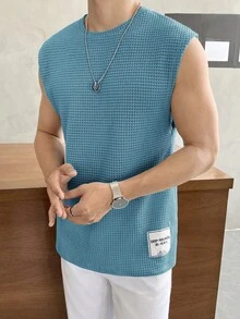 SWAVVY Men's Solid Color Crew Neck Sleeveless Waffle Knit Tank Top,Casual Breathable Mesh Loungewear Shirt,Blue Summer Top For Men - Blue - View 6