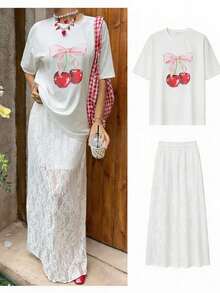 MainGRL SHEIN Spring/Summer Youthful And Energetic Casual Vacation Two-Piece Set: Cherry Blossom Print T-Shirt And White Lace Skirt, Perfect For Vacations, Leisure, And Everyday Wear. - White - View 1