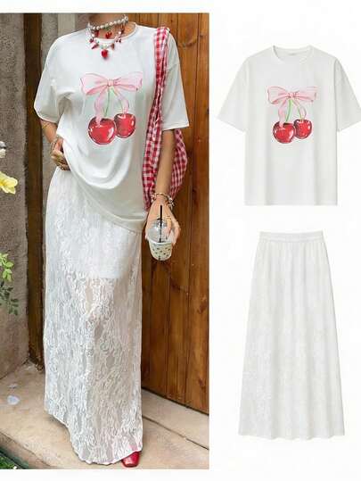 MainGRL SHEIN Spring/Summer Youthful And Energetic Casual Vacation Two-Piece Set: Cherry Blossom Print T-Shirt And White Lace Skirt, Perfect For Vacations, Leisure, And Everyday Wear.