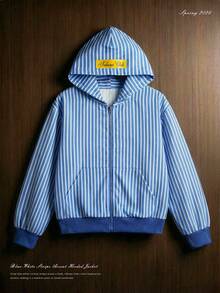 TOKVUE 男士条纹针织连帽卫衣，活力蓝白条纹设计，精致品牌标识彰显个性，年轻时尚，运动休闲，适合日常穿着，返校季、户外、健身房等场合，也是节日礼物、男友礼物的理想之选。新款运动休闲蓝 - 藍色 - 查看 2