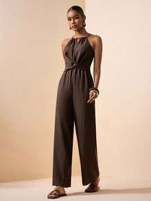 Zivah 2026 Spring/Summer New Music Festival, Easter, St. Patrick's Day, Valentine's Day, Date, Western, Nomadic, Birthday Party, Graduation, College, Student, Daily Casual, Basic Versatile, Leisure, Vacation, Cruise Travel, Beach, Sunbathing, Viral , Streetwear, Wedding Guest Boho, Commute, Brunch, Airport, Party, Holiday Outing, Office Wear, Halter Neck Ruched Criss-Cross Pocket Wide Leg Linen Brown Jumpsuit - Brown - View 3