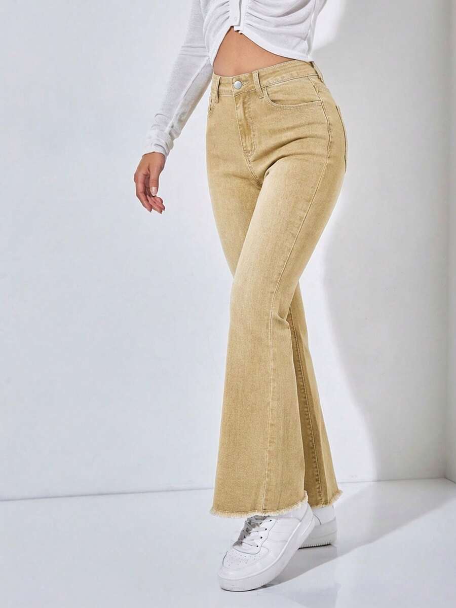 SHEIN PETITE Casual Washed Retro Flare Jeans - Khaki - View 1