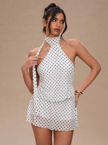 SHEIN Tall CURVE Vestido de verano con estampado de lunares y escote halter sin espalda para tallas grandes - Blanco y Negro - Ver 5