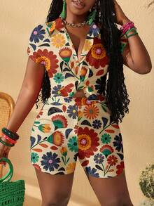 Slaydiva 春夏女士纽扣衬衫和松紧腰短裤套装/新款音乐节/西部风/波西米亚风/复活节/纳什维尔/生日/毕业/学生日常/休闲百搭/邮轮/旅行/海滩日光浴/度假/活力花卉印花两件套 - 彩色 - 查看 5