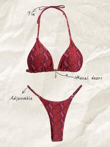 Elavelle Women Snake Skin Pattern Random Print Metal Pendant Beach Resort Bikini Swimwear Set, Summer