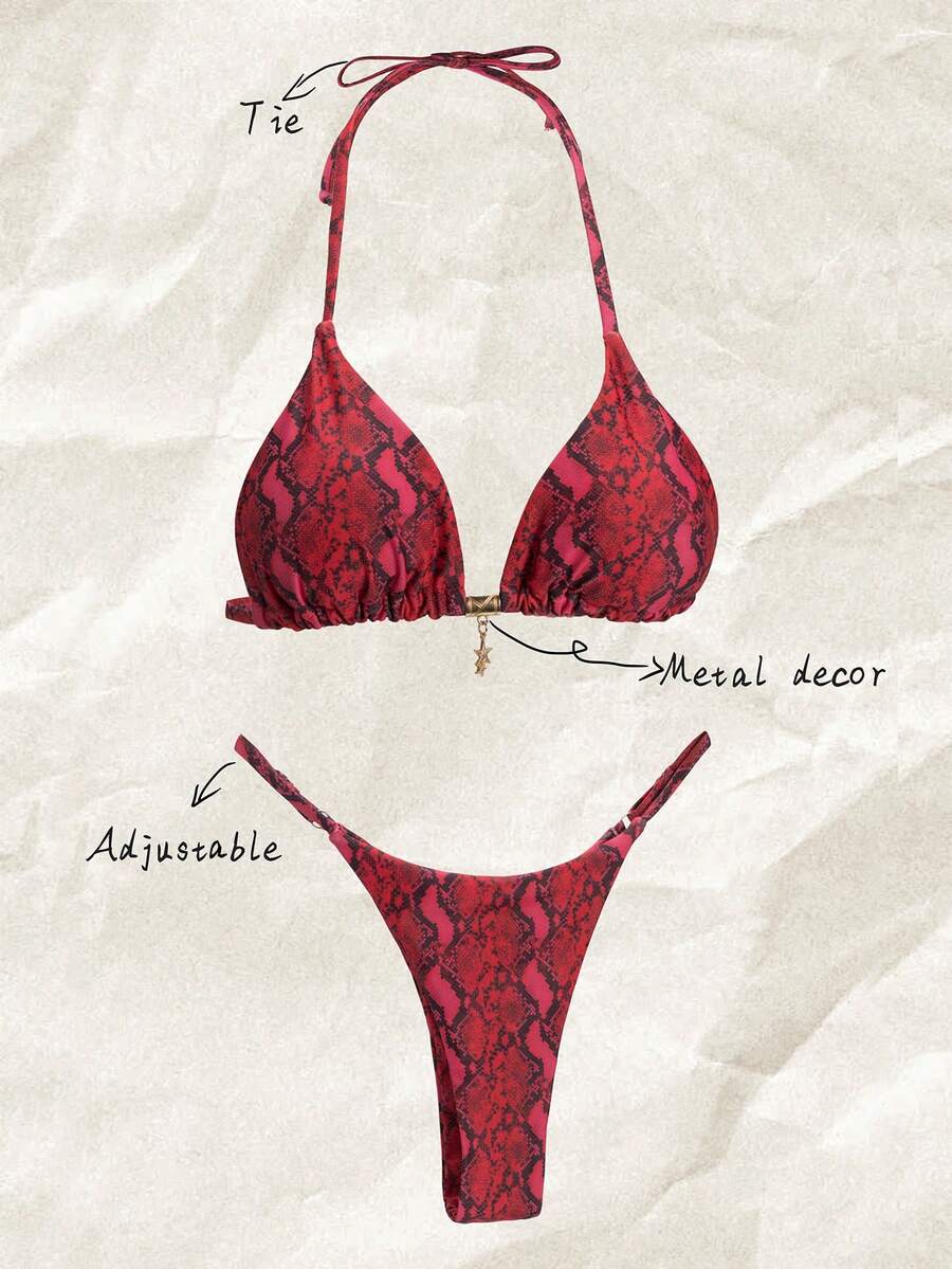 Elavelle Women Snake Skin Pattern Random Print Metal Pendant Beach Resort Bikini Swimwear Set, Summer