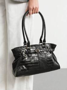 SHECARRY Bolso de mano tipo tote para mujer, bolso de hombro con estampado de cocodrilo - Negro - Ver 6