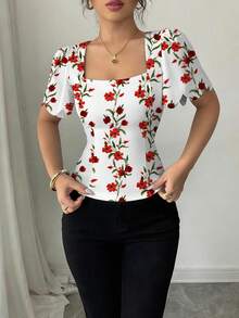 INAWLY Women's French Style Solid Color Shell Trim Puff Sleeve Cropped Top, Elegant Puff Sleeve Square Neck Fitted T-Shirt - White - View 4