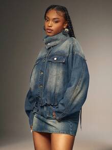 Denimoi High Neck Button Front Barrel Sleeve Gathered Waist Denim Jacket Fashion Cropped Denim Jacket - Medium Wash - View 5