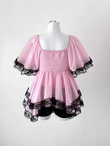 Sunspun 新款优雅甜美外出上衣，雪纺面料，撞色蕾丝饰边配蝴蝶结，超大荷叶边袖子，收腰修身衬衫 - 粉色 - 查看 2