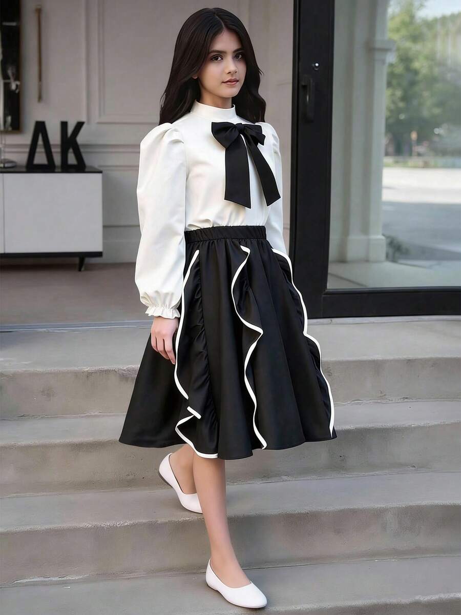 SHEIN 女童蝴蝶结装饰长袖衬衫和迷你裙两件套
