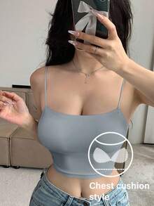 DAZY Seamless Camisole With Padded Bust, Solid Color Undershirt For Women, Suitable For All Seasons - Blue - View 1