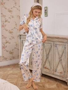 Floral Print Faux Silk Lapel Collar Women Pajama Set