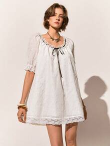 Poéselle 女士镂空刺绣前系带休闲迷你连衣裙 - 白色 - 查看 4