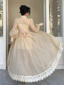 DAZY Women's Elegant Lace Patchwork Belted Long Slip Dress With Collar, 2 Pieces Set - Khaki - View 4