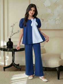 Firerie Kids 2pcs Tween Girls Puff Sleeve Bow Tie Top And Loose Straight Leg Pants Set, Blue Casual Fashion Versatile - Blue - View 5