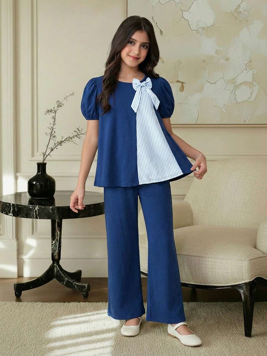 Firerie Kids 两件套少女泡泡袖蝴蝶结上衣和宽松直筒裤套装，蓝色休闲时尚百搭 - 藍色 - 查看 1
