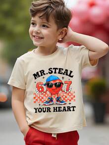 男童休闲时尚创意个性化透气可爱简约爱心卡通图案数字67格子星星字母标语印花基础款短袖T恤，舒适日常穿着，适合春、夏、秋季及情人节氛围 - 米色 - 查看 8