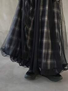 FRIFUL 女士春夏格子拼接薄纱A字宽松休闲百搭半身裙 - 黑色 - 查看 3