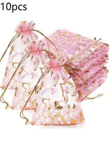 120/60/30/10个装红色爱心图案欧根纱束口袋，节日惊喜礼品袋，婚礼回礼袋，伴娘礼物，宾客回礼，珠宝收纳袋，沐浴礼品袋，单身派对礼物袋，糖果礼品网眼束口袋，适用于节日、婚礼、浪漫惊喜等场合。 - 粉紅鏤空愛心網袋 - 查看 8