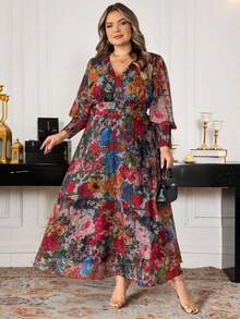 SHEIN CURVE+ New Luxury Elegant High-End Long Wrap Dress, Wide Hem, V-Neck, Long Sleeve - Multicolor - View 6