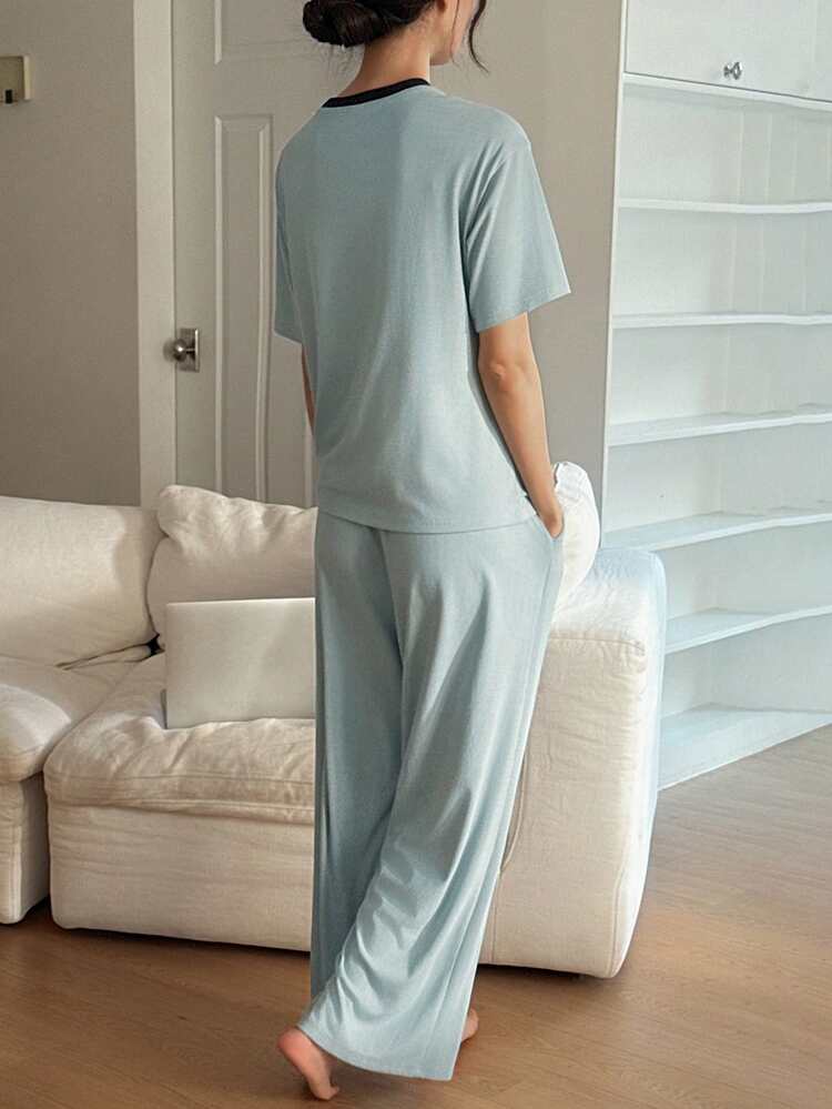 Simple Letter Print Contrast Collar Casual Women Pajama Set