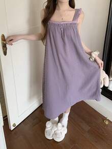 DAZY 条纹纹理雪纺面料荷叶边无袖宽肩带中长连衣裙，女士家居服 - 紫色 - 查看 6