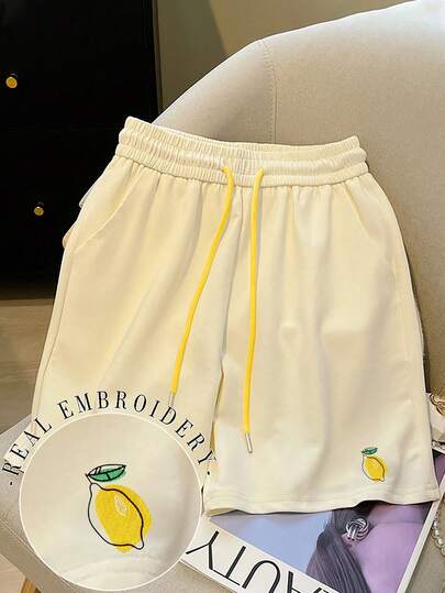 Resyla 女士常规款杏色畅销刺绣柠檬撞色抽绳短裤，水果短裤，刺绣短裤，柠檬刺绣短裤
