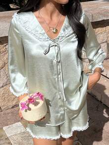 DAZY Satin Lace Trim Sailor Collar Women Pajama Set, Sweet & Glossy - Green - View 4