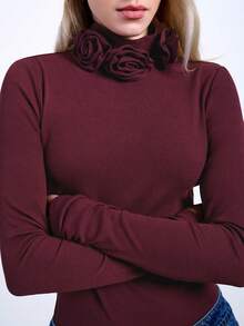 Maija Women's Fuchsia Collar 3D Floral Decor Versatile Elegant Chic Modern Fashion Fitted Comfortable Round Neck Long Sleeve Pullover Suitable For Valentine's Day Festival - Purple - View 5