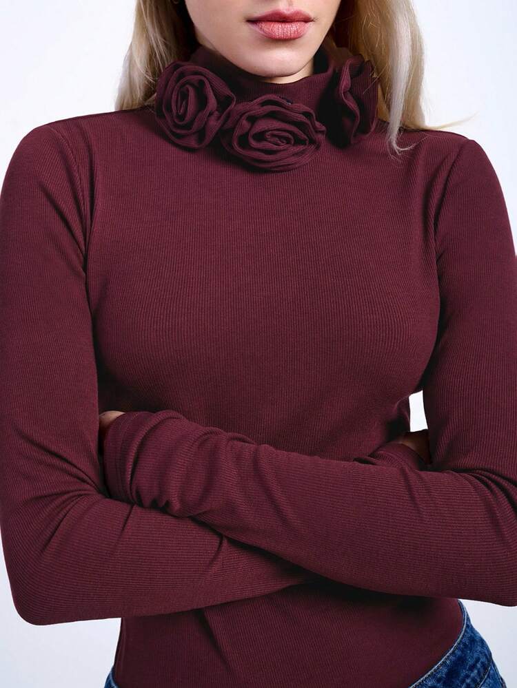 SHEIN Maija Women's Fuchsia Collar 3D Floral Decor Versatile Elegant Chic Modern Fashion Fitted Comfortable Round Neck Long Sleeve Pullover Suitable For Valentine's Day Festival