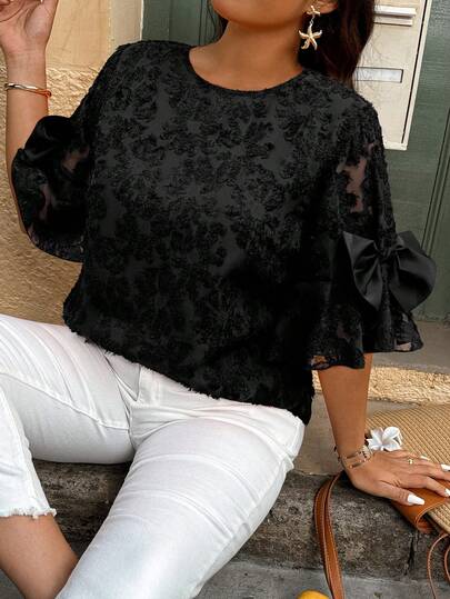 Weeklong Plus Size Women's Spring/Summer Casual Shirt With Bowknot Decor, Ruffle Sleeves, Semi-Sheer Jacquard Fabric