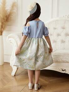 Sommer Neue Mode Elegantes Mädchenkleid, Rundhalsausschnitt Off-Shoulder Kleid mit Perlen, Puffärmel, Taille mit Einsatz, Blume Muster, großer Rock, süßes Prinzessinnenkleid, geeignet für Hochzeit, Party, Aufführung, eleganter Stil - Blau - Übersicht 2