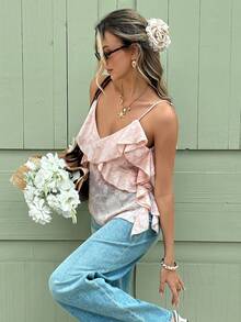 Serisse Women's Elegant Dusty Pink Summer Textured Ruffle Strap Camisole Top,French Lace V-Neck Asymmetric Top,Casual Y2K Dining Beach Party Top - Dusty Pink - View 3