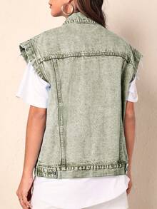 SHEIN Frenchy Áo khoác denim không tay vai rộng, kiểu dáng vintage, phong cách thường ngày. - màu xanh lá - Xem 2