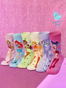 The Winx X SHEIN 3双装女士/女孩不配对袜子，柔软透气吸湿，休闲中筒袜，甜美卡通图案，时尚可爱糖果色船袜，加固袜头和袜跟，经久耐穿，四季皆宜，夏季/冬季百搭，图案袜子，Y2K风格 - 彩色 - 查看 2