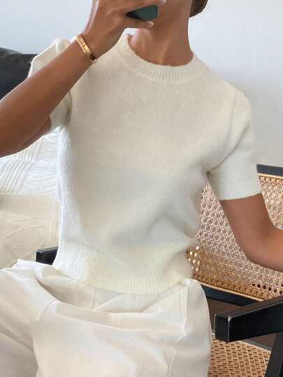 DAZY Women's Solid Color Fitted Round Neck Puff Sleeve Elegant Knit Top, Spring/Autumn