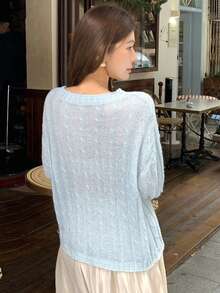 DAZY 女士宽松镂空轻薄金属质感Logo长袖休闲度假针织衫，春秋季 - 藍色 - 查看 2