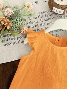 SHEIN LMoss Kids LMoss Baby Girl Woven Solid Color Ruffle Trim Fitted Top,Kids - Orange - View 5