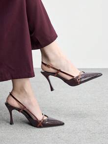 CUCCOO BIZCHIC 女士时尚露跟高跟鞋，T字带设计，纹理尖头，优雅中跟鞋 - 酒紅色 - 查看 1