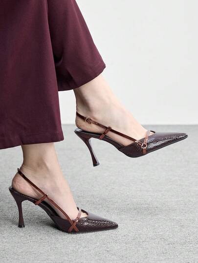 CUCCOO BIZCHIC 女士时尚露跟高跟鞋，T字带设计，纹理尖头，优雅中跟鞋