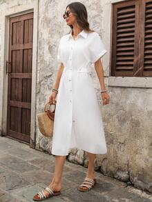 EMERY ROSE 女士休闲纯色单排扣中长连衣裙，夏季 - 白色 - 查看 5
