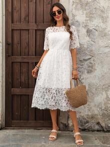 EMERY ROSE 女士时尚蕾丝短袖中长连衣裙，夏季 - 白色 - 查看 4