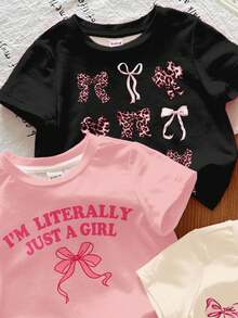 SHEIN 3 件套女婴可爱复古蝴蝶结图案休闲简约圆领短袖 T 恤，适合春夏季 - 彩色 - 查看 5