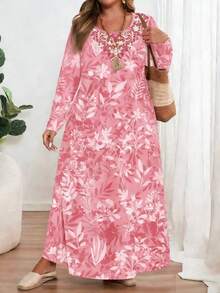 Mellowie Đầm dài tay kiểu Ả Rập truyền thống tối giản, in hoa cổ điển trang nhã, phù hợp cho mùa xuân/hè; đầm dài tay kín đáo, thanh lịch, cỡ lớn, cổ tròn, phù hợp cho mùa thu/đông. - Nhiều màu - Xem 4