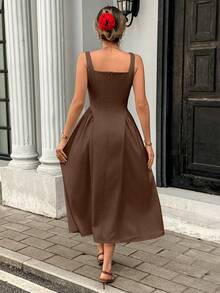 Pariaura Vestido maxi elegante de mujer con cuello cuadrado, sin mangas y plisado de unicolor - Marrón - Ver 2