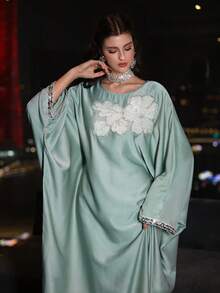 Al Najma 女士春夏绿色编织圆领长袖连衣裙，饰有3D水钻，优雅土耳其和阿拉伯传统束腰外衣 - 綠色 - 查看 1
